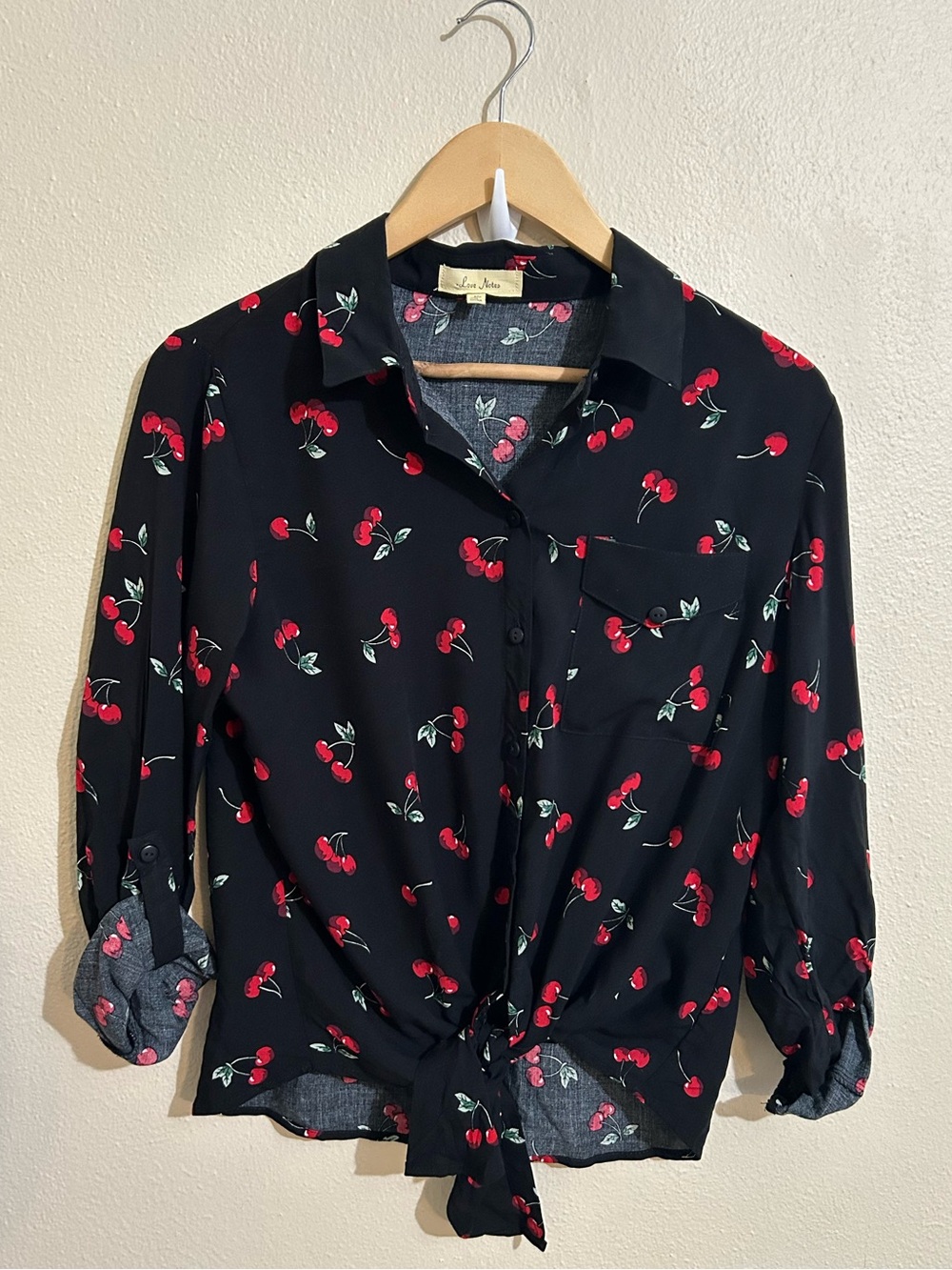Tie-Front Cherry Print Black Blouse Love Notes Size Medium